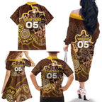 Custom Hawks Football Family Matching Off The Shoulder Long Sleeve Dress and Hawaiian Shirt Aboriginal Dot Art Pattern