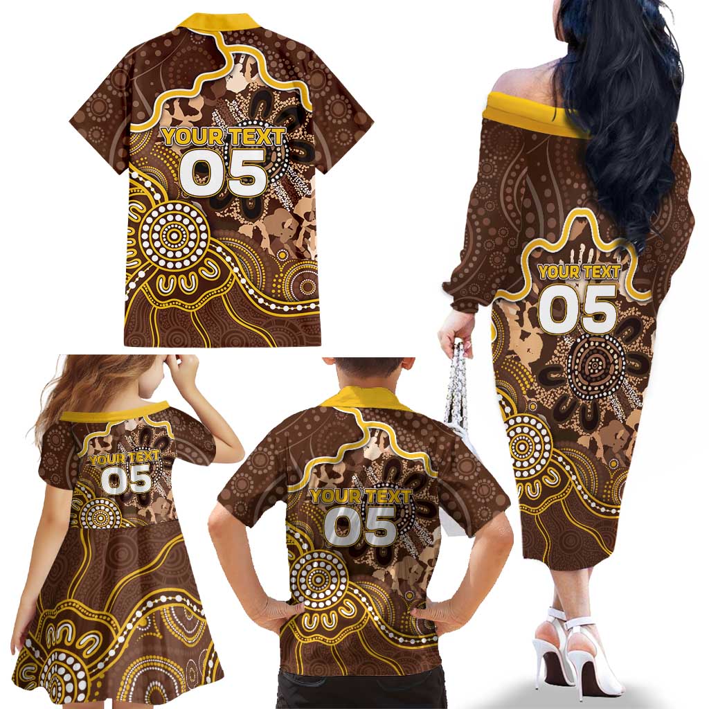 Custom Hawks Football Family Matching Off The Shoulder Long Sleeve Dress and Hawaiian Shirt Aboriginal Dot Art Pattern