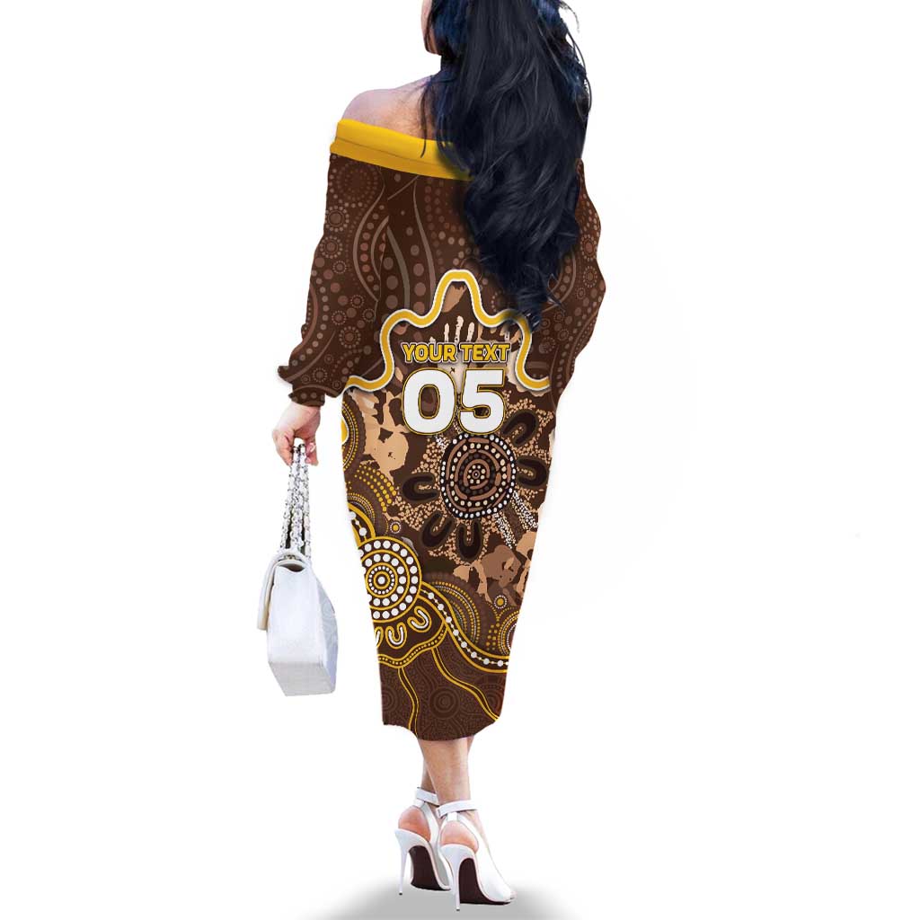 Custom Hawks Football Family Matching Off The Shoulder Long Sleeve Dress and Hawaiian Shirt Aboriginal Dot Art Pattern