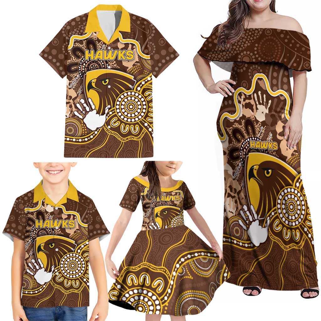 Custom Hawks Football Family Matching Off Shoulder Maxi Dress and Hawaiian Shirt Aboriginal Dot Art Pattern