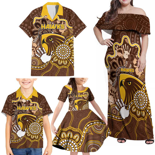 Custom Hawks Football Family Matching Off Shoulder Maxi Dress and Hawaiian Shirt Aboriginal Dot Art Pattern