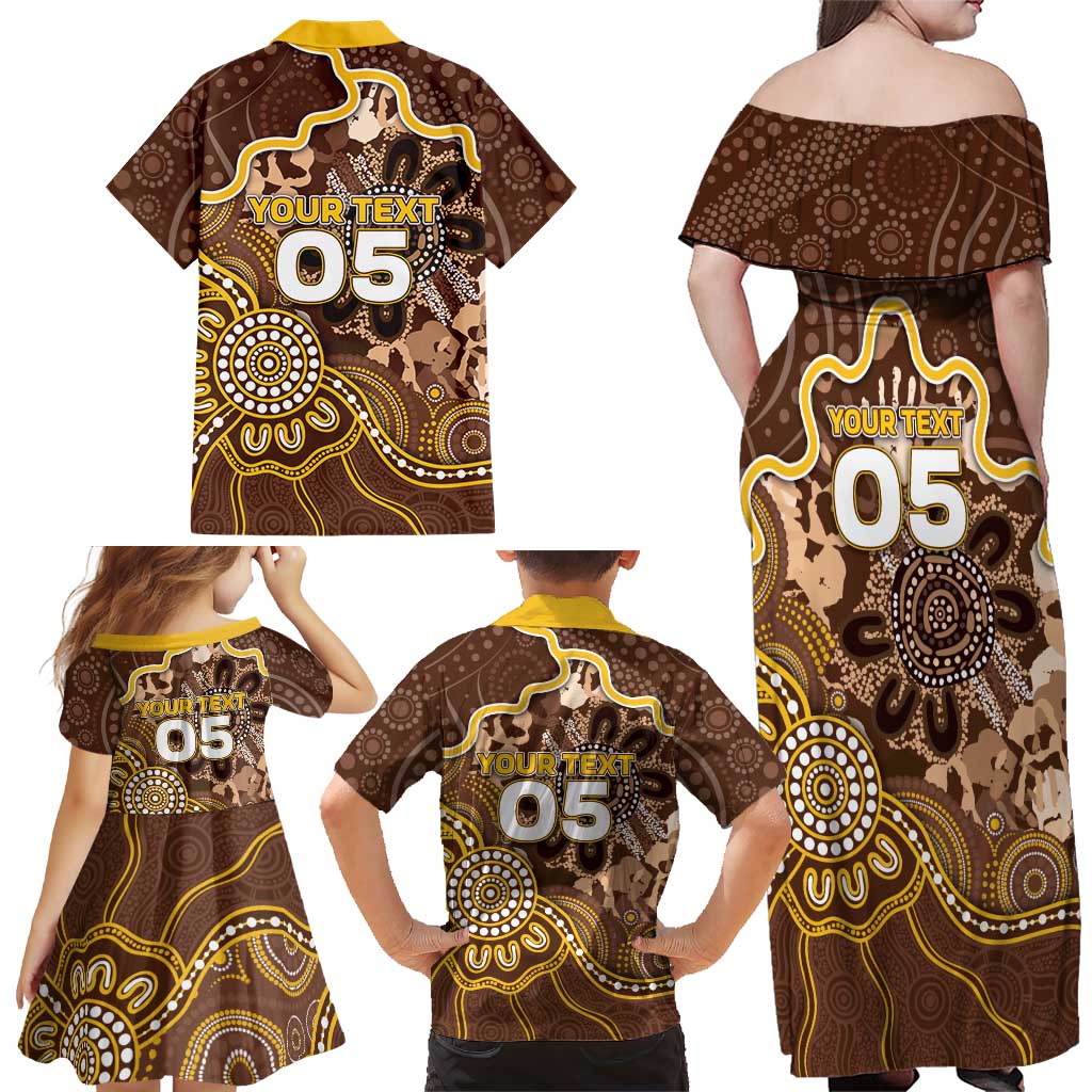 Custom Hawks Football Family Matching Off Shoulder Maxi Dress and Hawaiian Shirt Aboriginal Dot Art Pattern