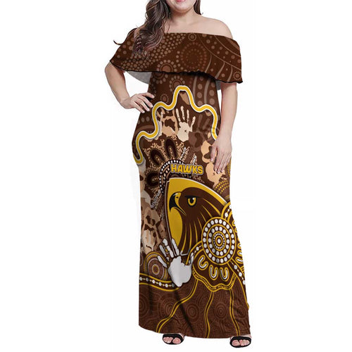 Custom Hawks Football Family Matching Off Shoulder Maxi Dress and Hawaiian Shirt Aboriginal Dot Art Pattern