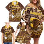 Custom Hawks Football Family Matching Off Shoulder Short Dress and Hawaiian Shirt Aboriginal Dot Art Pattern