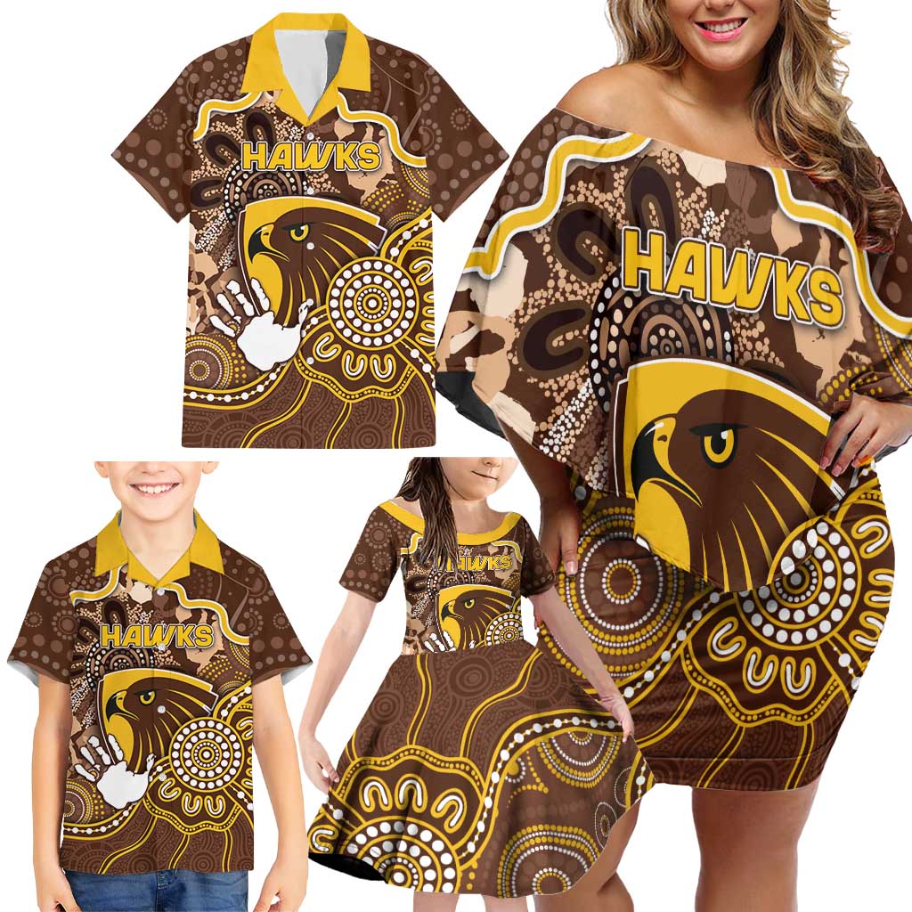 Custom Hawks Football Family Matching Off Shoulder Short Dress and Hawaiian Shirt Aboriginal Dot Art Pattern