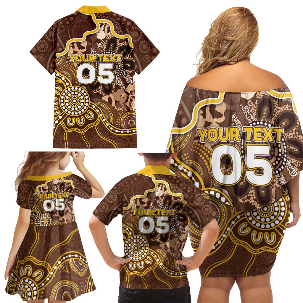 Custom Hawks Football Family Matching Off Shoulder Short Dress and Hawaiian Shirt Aboriginal Dot Art Pattern