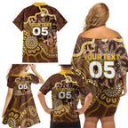 Custom Hawks Football Family Matching Off Shoulder Short Dress and Hawaiian Shirt Aboriginal Dot Art Pattern