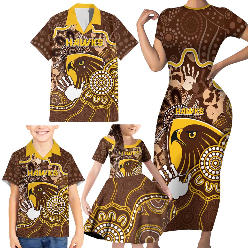 Custom Hawks Football Family Matching Short Sleeve Bodycon Dress and Hawaiian Shirt Aboriginal Dot Art Pattern