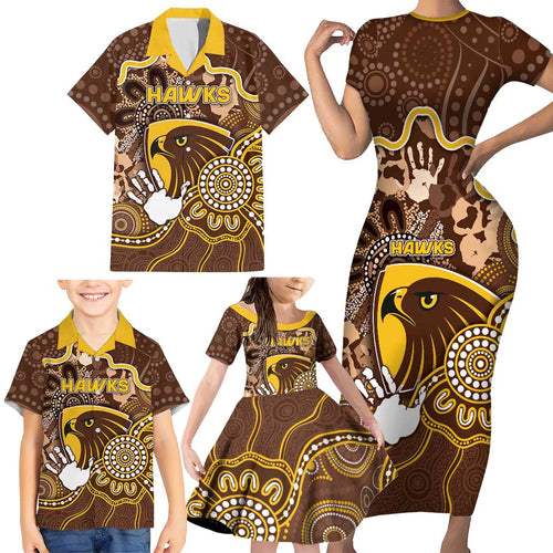 Custom Hawks Football Family Matching Short Sleeve Bodycon Dress and Hawaiian Shirt Aboriginal Dot Art Pattern