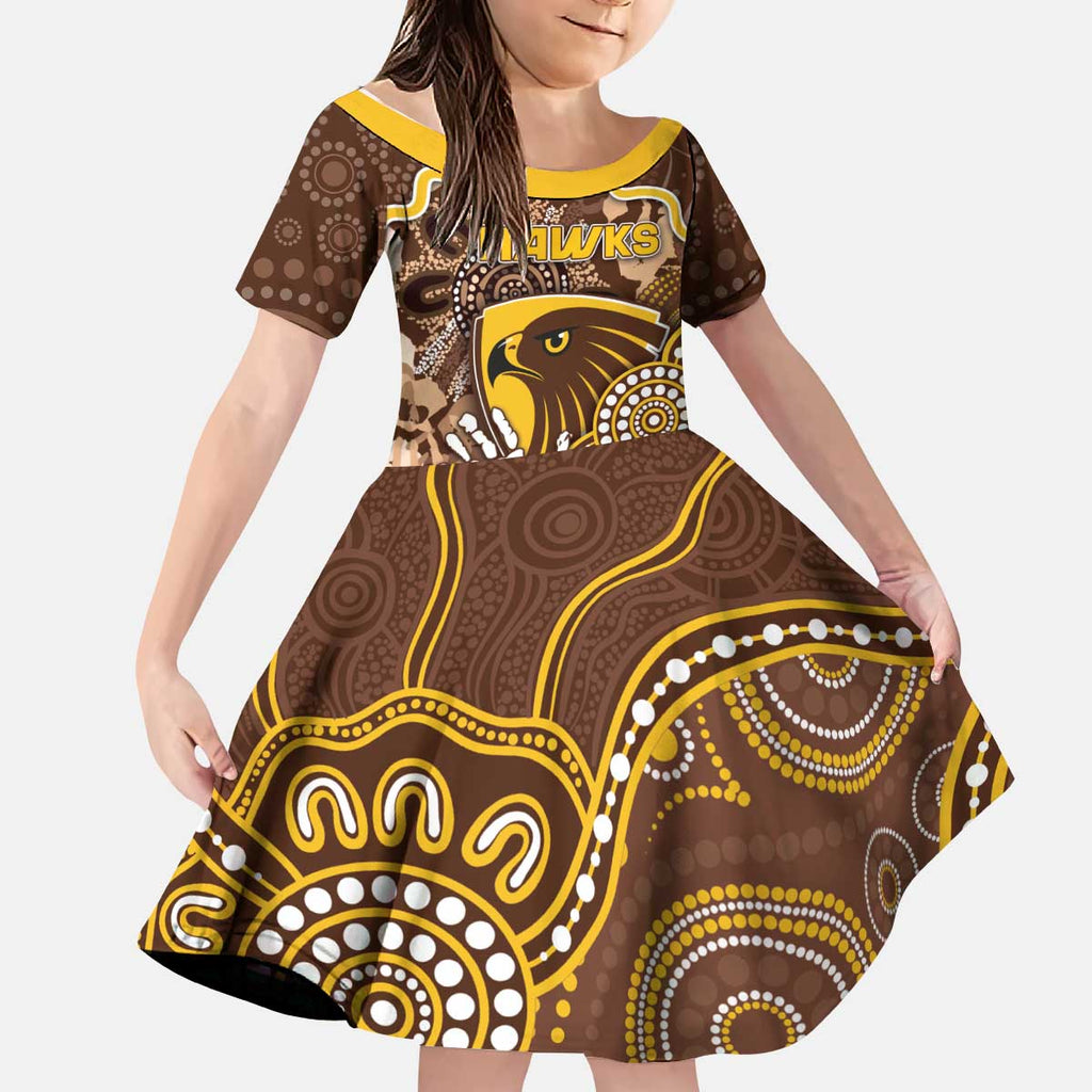 Custom Hawks Football Kid Short Sleeve Dress Aboriginal Dot Art Pattern