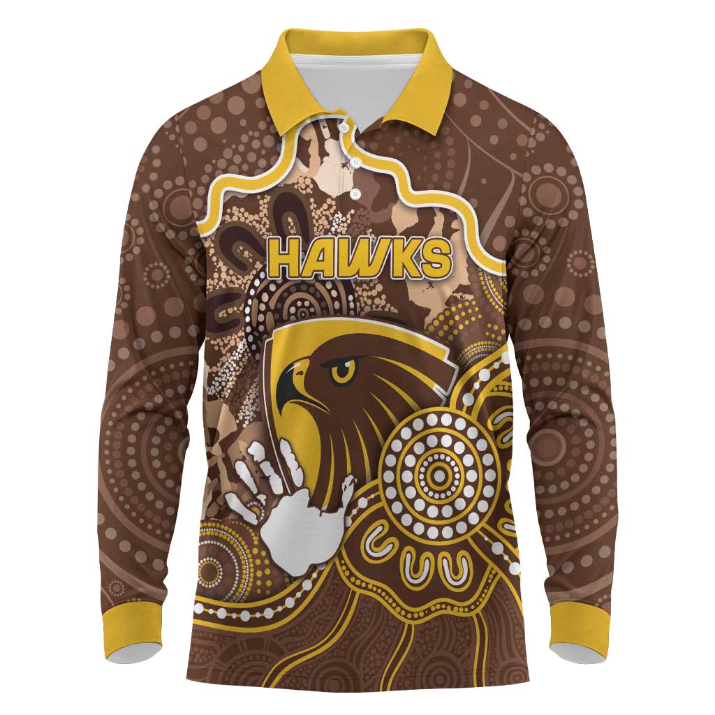 Custom Hawks Football Long Sleeve Polo Shirt Aboriginal Dot Art Pattern