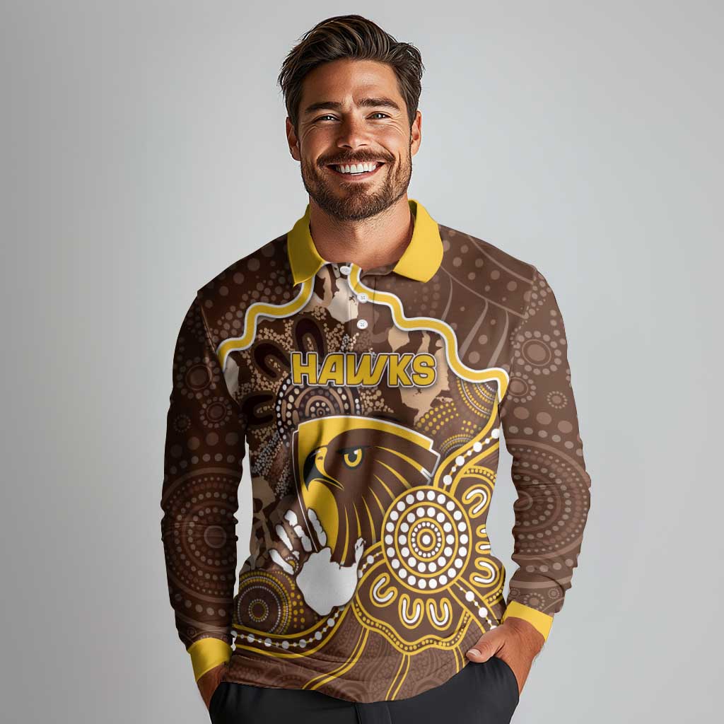 Custom Hawks Football Long Sleeve Polo Shirt Aboriginal Dot Art Pattern