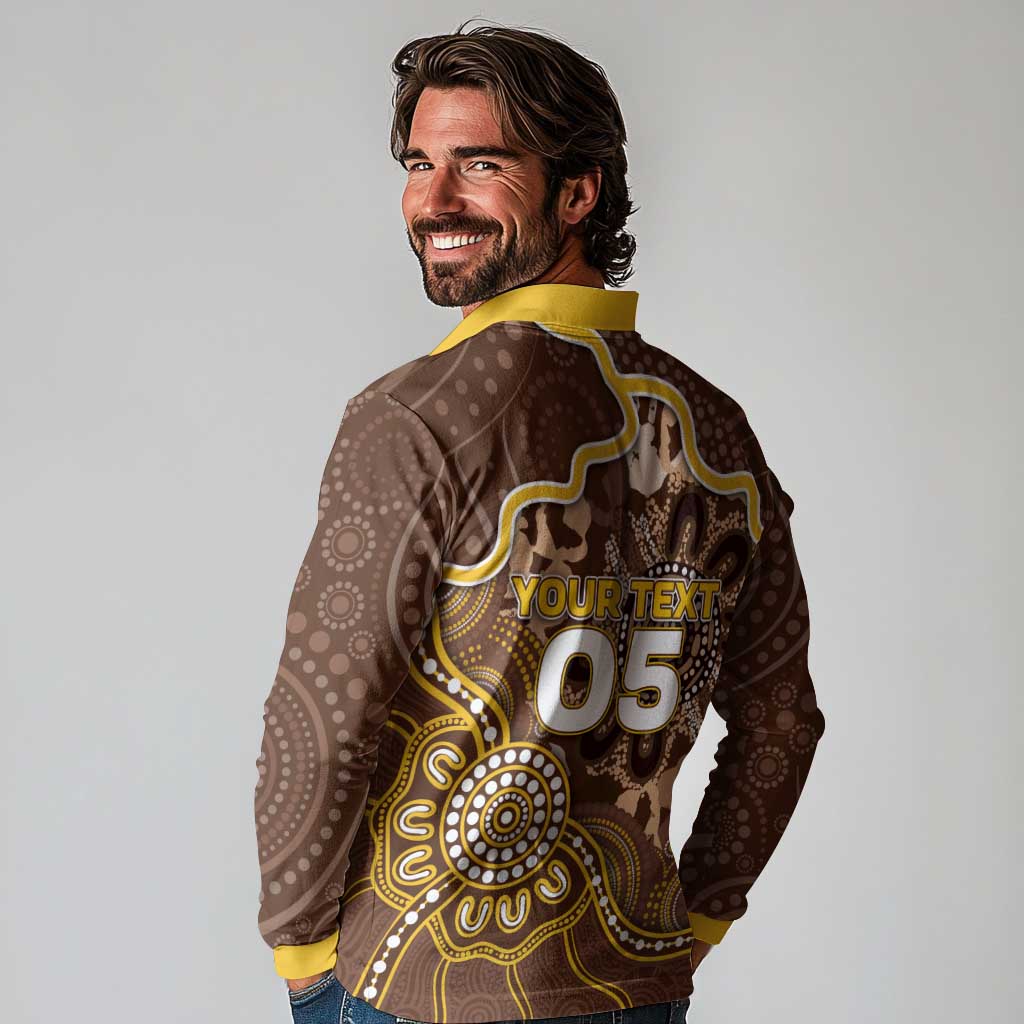 Custom Hawks Football Long Sleeve Polo Shirt Aboriginal Dot Art Pattern