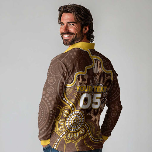 Custom Hawks Football Long Sleeve Polo Shirt Aboriginal Dot Art Pattern