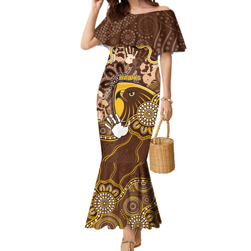 Custom Hawks Football Mermaid Dress Aboriginal Dot Art Pattern