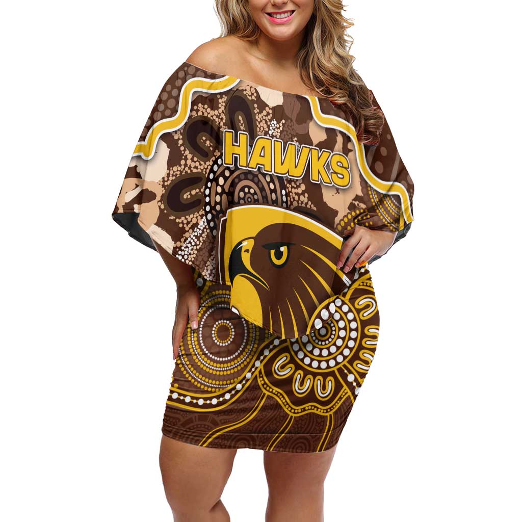 Custom Hawks Football Off Shoulder Short Dress Aboriginal Dot Art Pattern