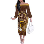 Custom Hawks Football Off The Shoulder Long Sleeve Dress Aboriginal Dot Art Pattern