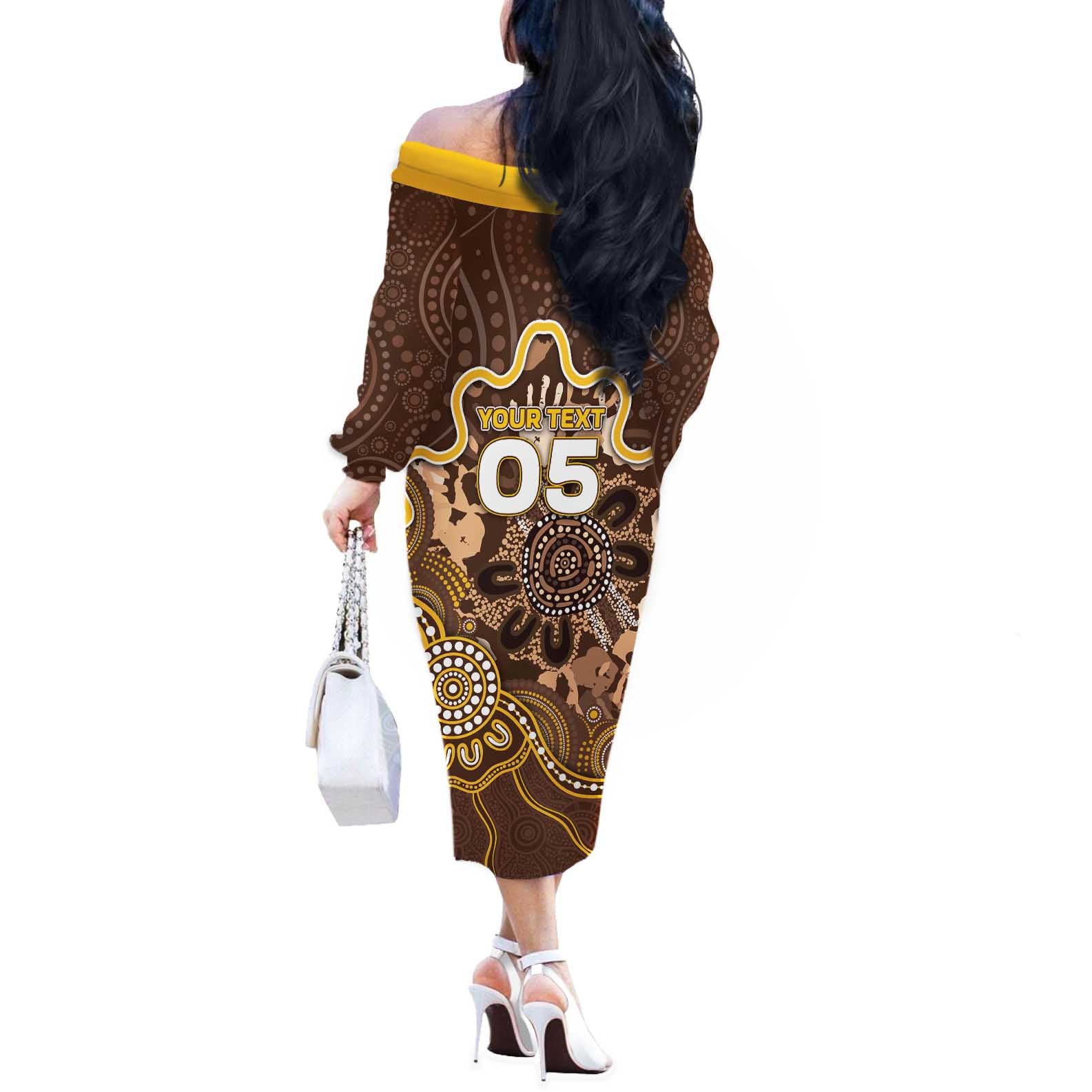 Custom Hawks Football Off The Shoulder Long Sleeve Dress Aboriginal Dot Art Pattern