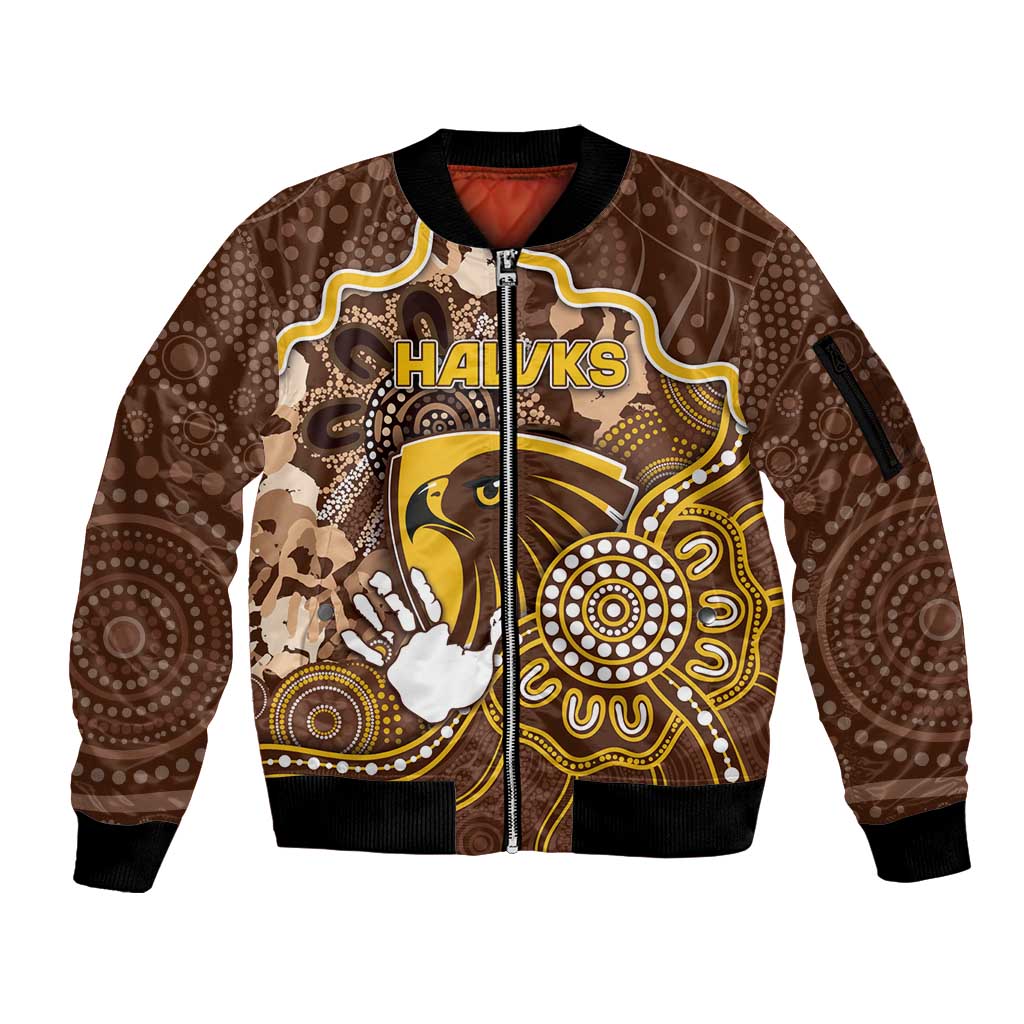 Custom Hawks Football Sleeve Zip Bomber Jacket Aboriginal Dot Art Pattern
