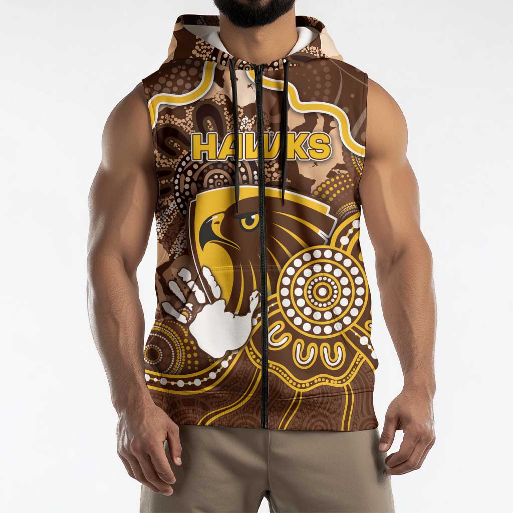 Custom Hawks Football Sleeveless Zip Hoodie Aboriginal Dot Art Pattern