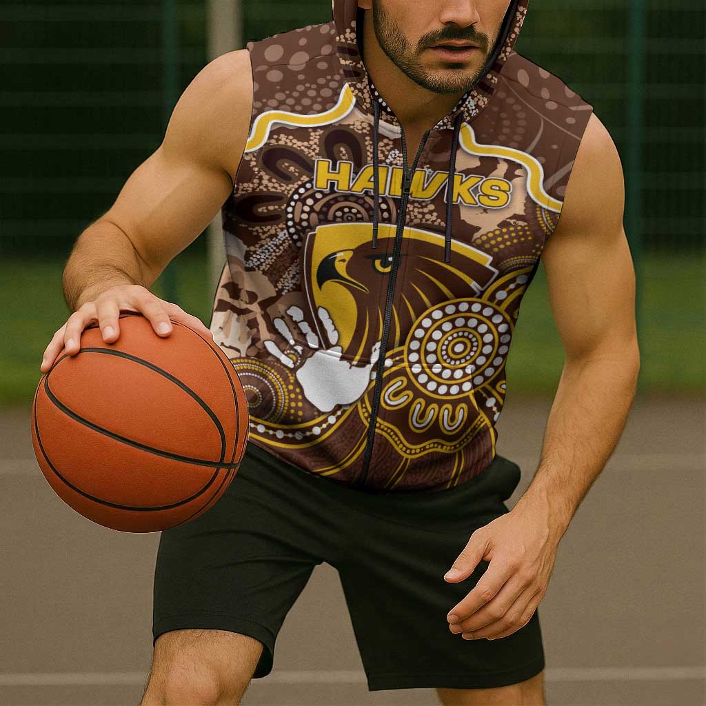 Custom Hawks Football Sleeveless Zip Hoodie Aboriginal Dot Art Pattern
