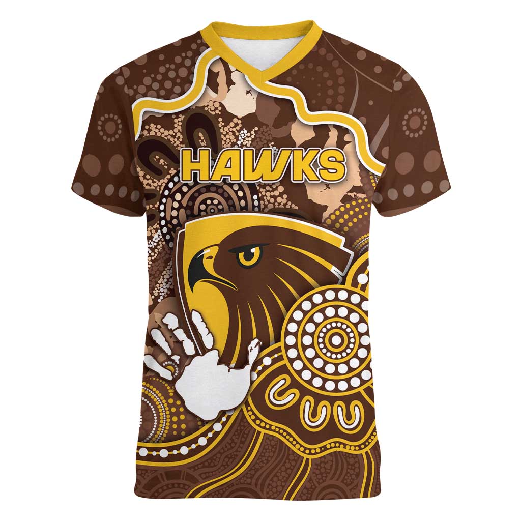 Custom Hawks Football Women V-Neck T-Shirt Aboriginal Dot Art Pattern
