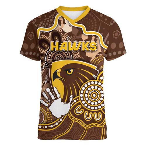 Custom Hawks Football Women V-Neck T-Shirt Aboriginal Dot Art Pattern