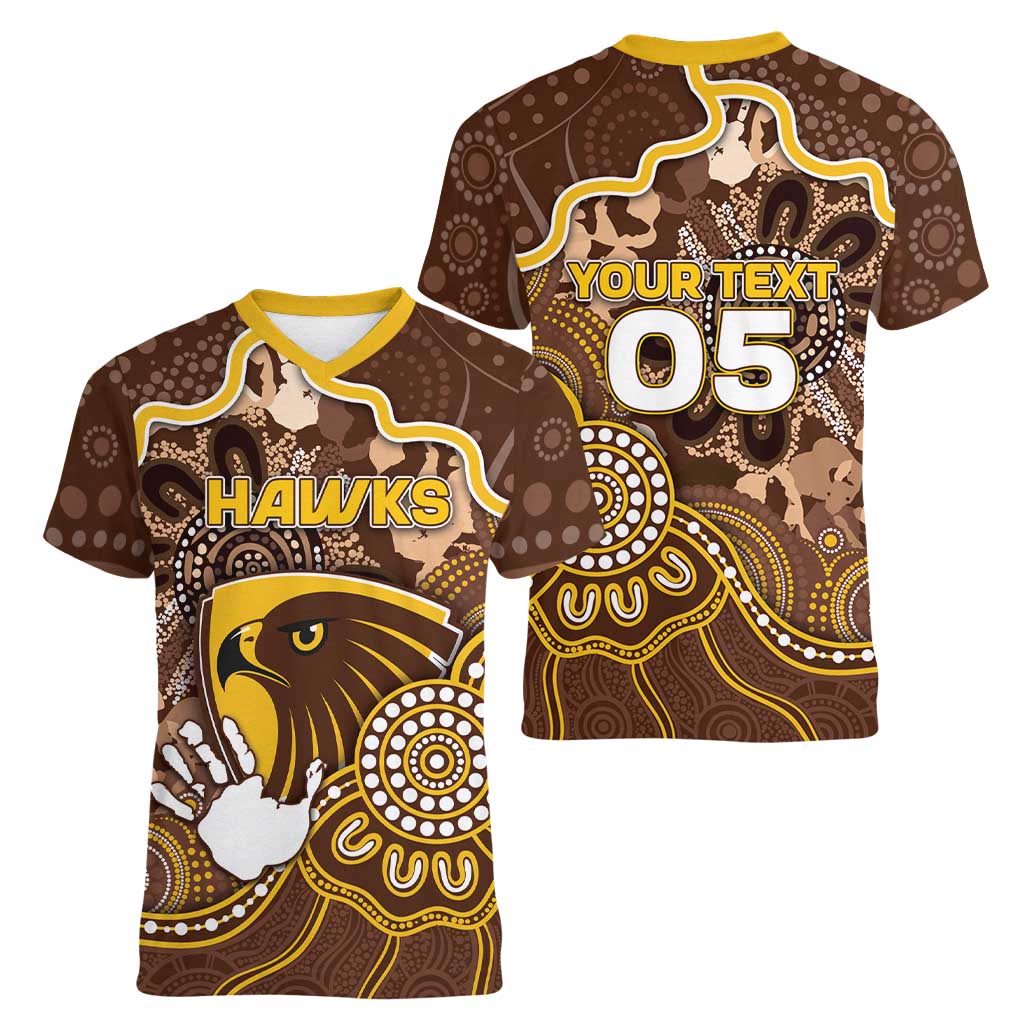 Custom Hawks Football Women V-Neck T-Shirt Aboriginal Dot Art Pattern