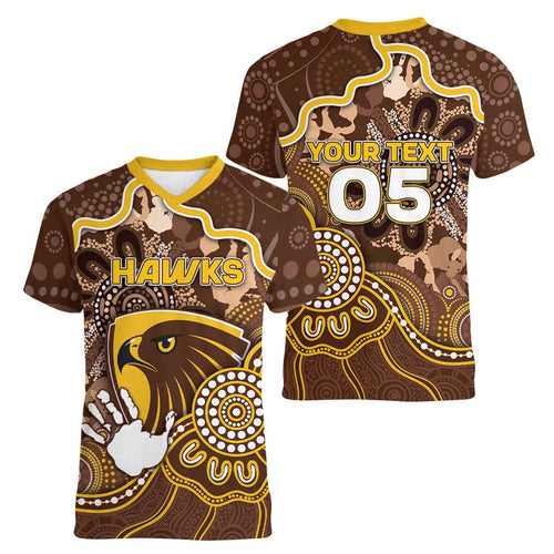 Custom Hawks Football Women V-Neck T-Shirt Aboriginal Dot Art Pattern