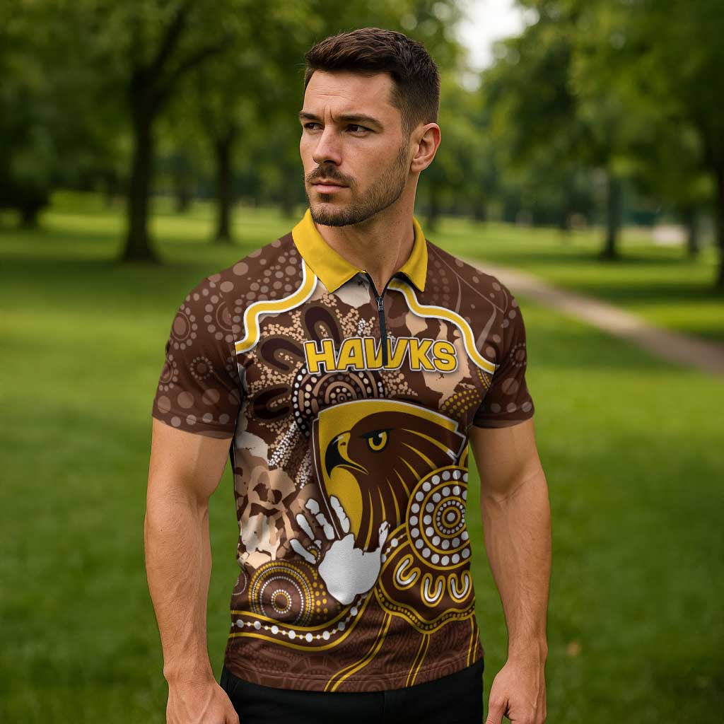 Custom Hawks Football Zipper Polo Shirt Aboriginal Dot Art Pattern
