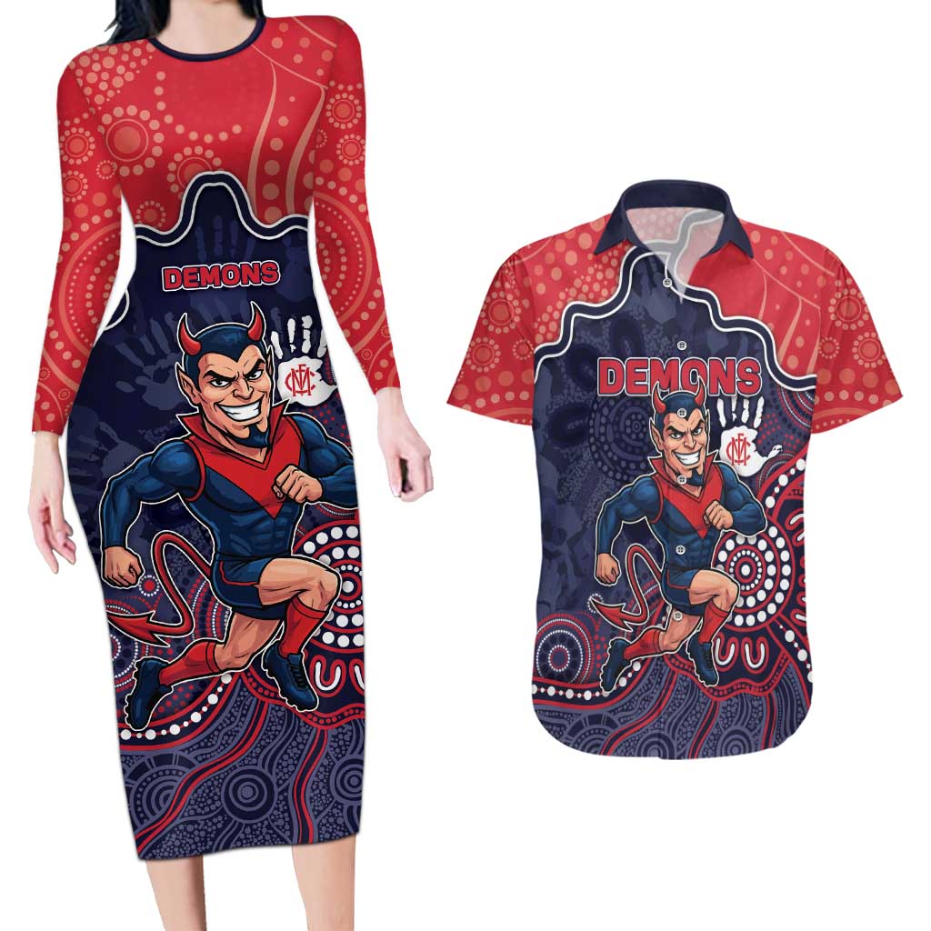 Custom Demons Football Couples Matching Long Sleeve Bodycon Dress and Hawaiian Shirt Aboriginal Dot Art Pattern