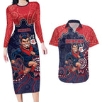 Custom Demons Football Couples Matching Long Sleeve Bodycon Dress and Hawaiian Shirt Aboriginal Dot Art Pattern
