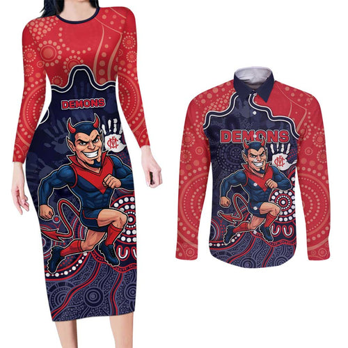 Custom Demons Football Couples Matching Long Sleeve Bodycon Dress and Long Sleeve Button Shirt Aboriginal Dot Art Pattern