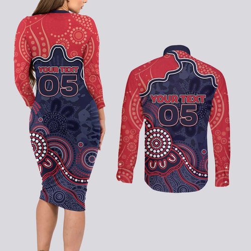 Custom Demons Football Couples Matching Long Sleeve Bodycon Dress and Long Sleeve Button Shirt Aboriginal Dot Art Pattern