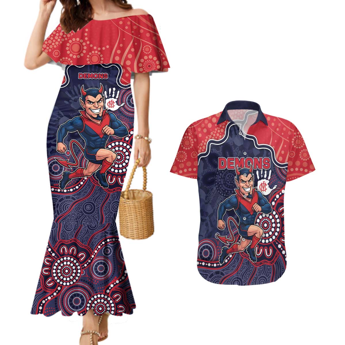 Custom Demons Football Couples Matching Mermaid Dress and Hawaiian Shirt Aboriginal Dot Art Pattern