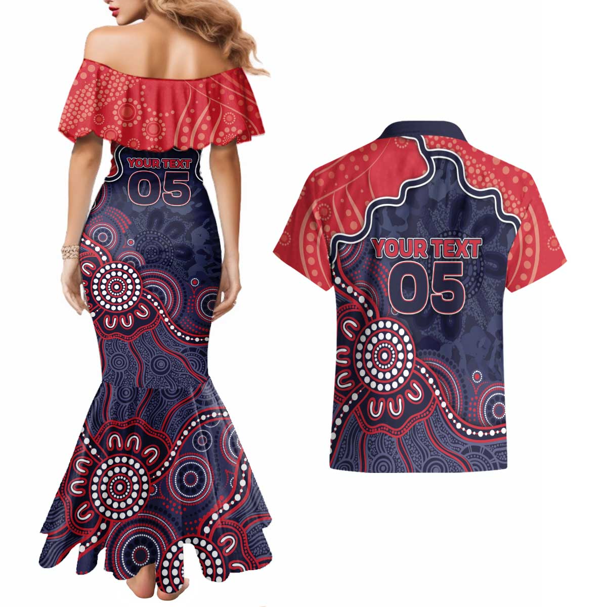 Custom Demons Football Couples Matching Mermaid Dress and Hawaiian Shirt Aboriginal Dot Art Pattern
