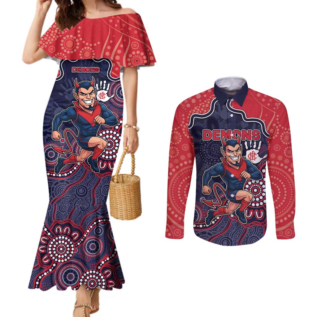Custom Demons Football Couples Matching Mermaid Dress and Long Sleeve Button Shirt Aboriginal Dot Art Pattern
