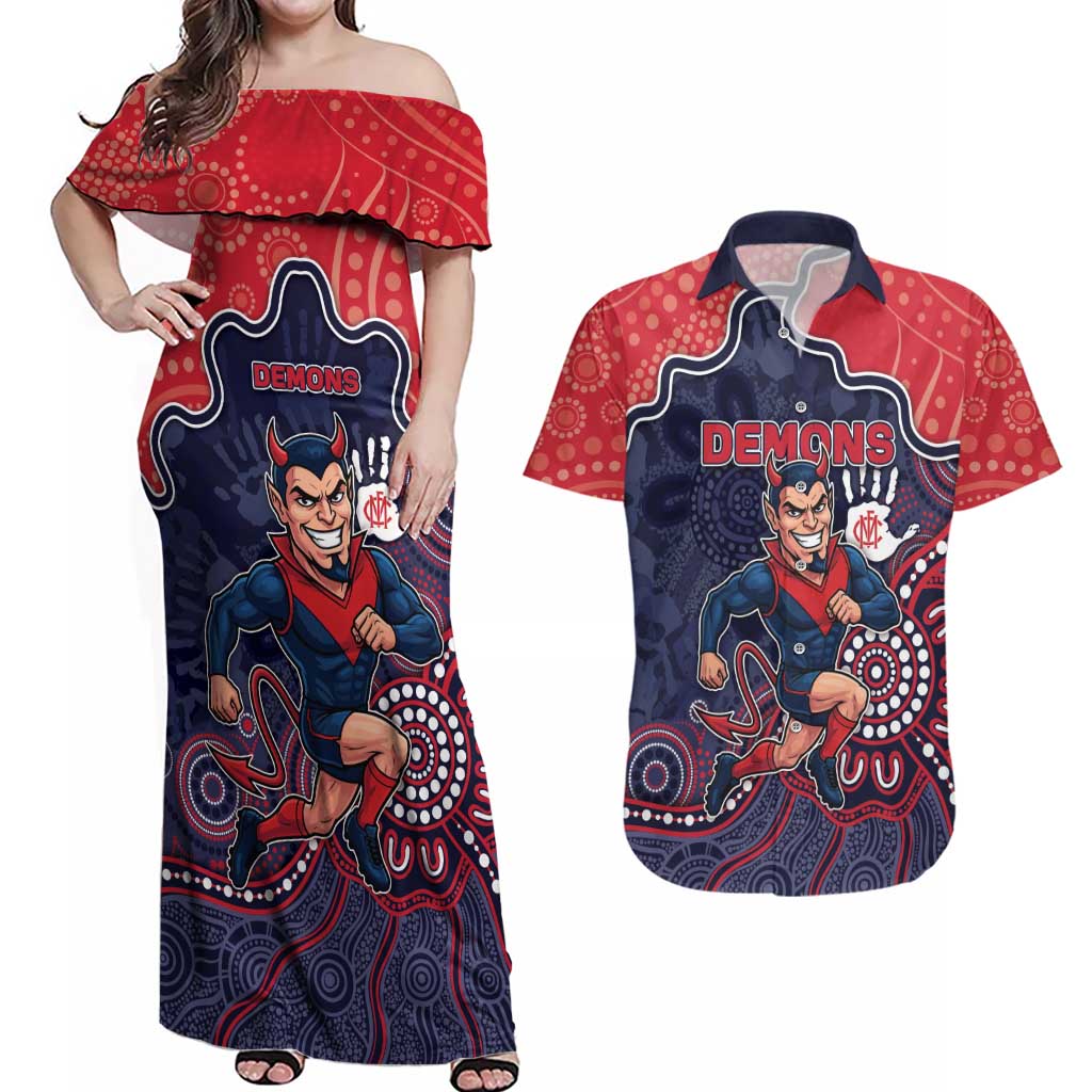 Custom Demons Football Couples Matching Off Shoulder Maxi Dress and Hawaiian Shirt Aboriginal Dot Art Pattern