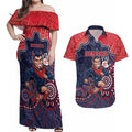 Custom Demons Football Couples Matching Off Shoulder Maxi Dress and Hawaiian Shirt Aboriginal Dot Art Pattern