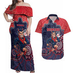 Custom Demons Football Couples Matching Off Shoulder Maxi Dress and Hawaiian Shirt Aboriginal Dot Art Pattern