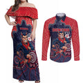 Custom Demons Football Couples Matching Off Shoulder Maxi Dress and Long Sleeve Button Shirt Aboriginal Dot Art Pattern