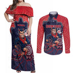 Custom Demons Football Couples Matching Off Shoulder Maxi Dress and Long Sleeve Button Shirt Aboriginal Dot Art Pattern