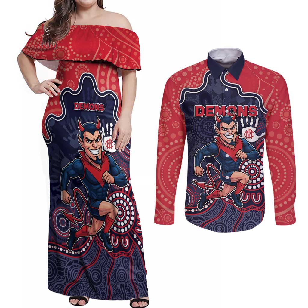 Custom Demons Football Couples Matching Off Shoulder Maxi Dress and Long Sleeve Button Shirt Aboriginal Dot Art Pattern