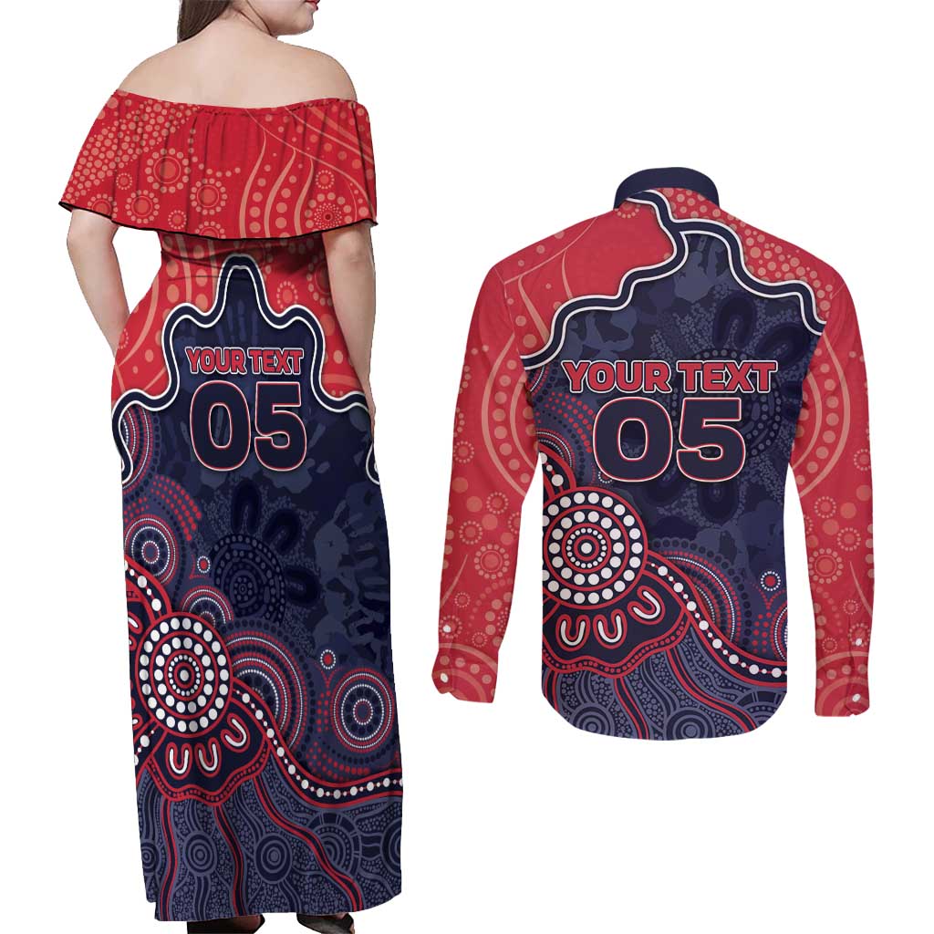 Custom Demons Football Couples Matching Off Shoulder Maxi Dress and Long Sleeve Button Shirt Aboriginal Dot Art Pattern