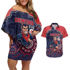 Custom Demons Football Couples Matching Off Shoulder Short Dress and Hawaiian Shirt Aboriginal Dot Art Pattern
