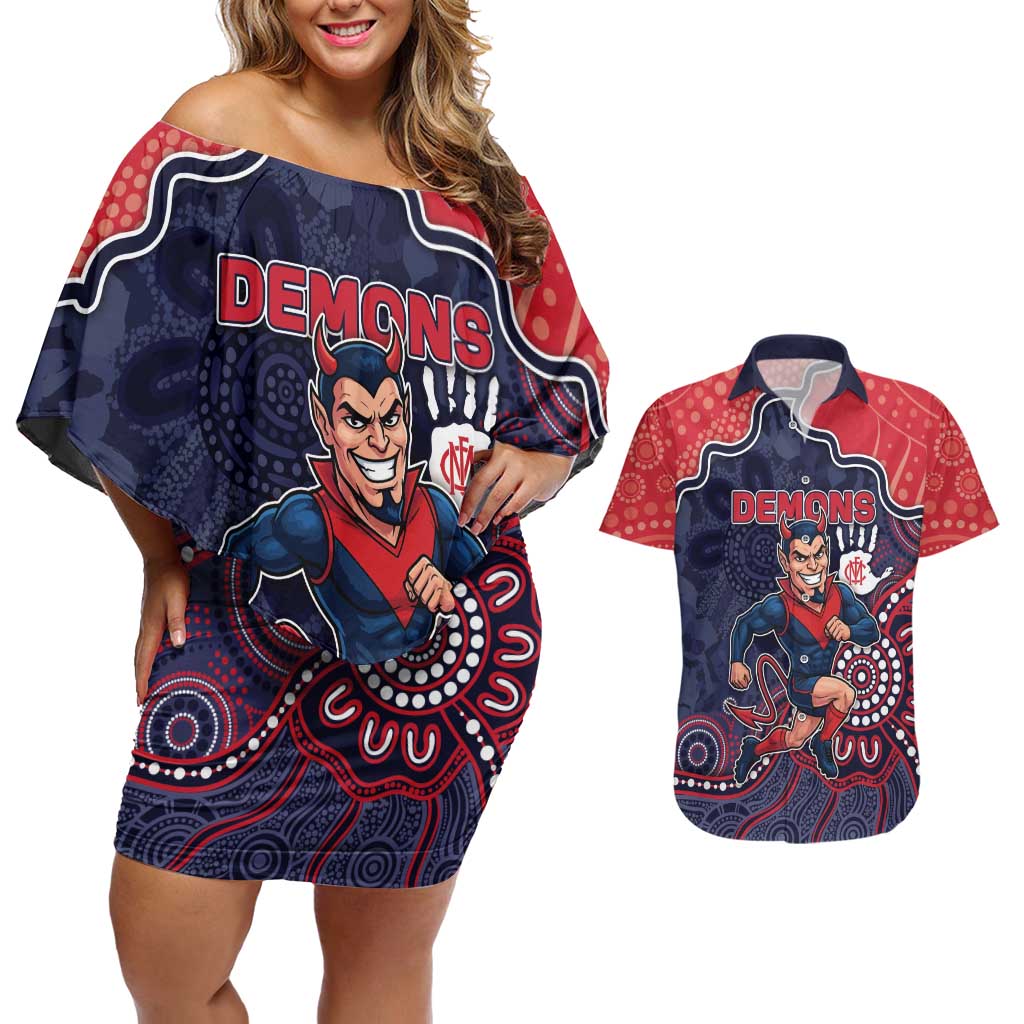 Custom Demons Football Couples Matching Off Shoulder Short Dress and Hawaiian Shirt Aboriginal Dot Art Pattern
