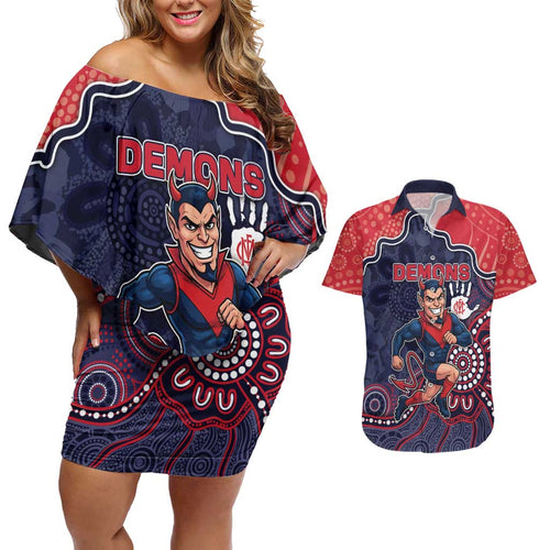 Custom Demons Football Couples Matching Off Shoulder Short Dress and Hawaiian Shirt Aboriginal Dot Art Pattern