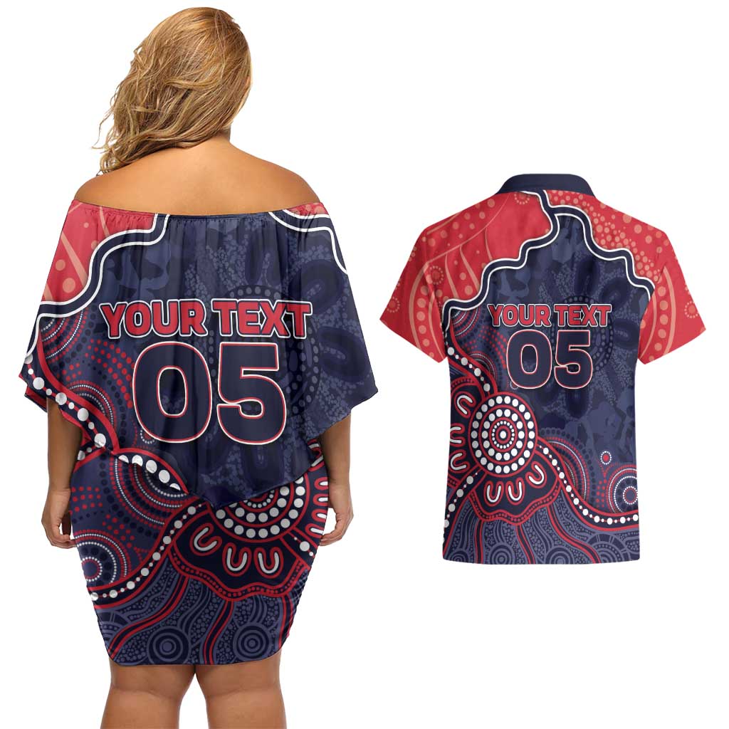 Custom Demons Football Couples Matching Off Shoulder Short Dress and Hawaiian Shirt Aboriginal Dot Art Pattern