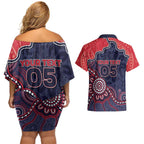 Custom Demons Football Couples Matching Off Shoulder Short Dress and Hawaiian Shirt Aboriginal Dot Art Pattern