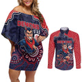 Custom Demons Football Couples Matching Off Shoulder Short Dress and Long Sleeve Button Shirt Aboriginal Dot Art Pattern
